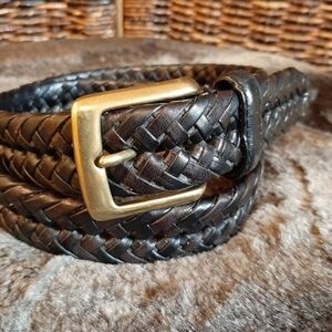 Dockers Belt Men's 32 Black Braided Leather Brass Buckle Adjustable Fish Tail